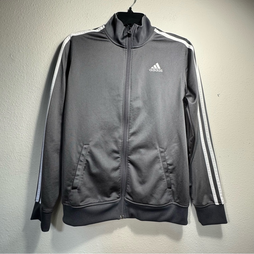 Adidas Charcoal Zip-Up Jacket with White Stripes Size L 14/16